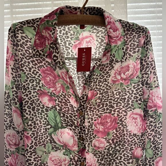 Guess M-L Brown Pink Animal Print Peony Floral Button Front Long Sleeve Blouse - Picture 3 of 13